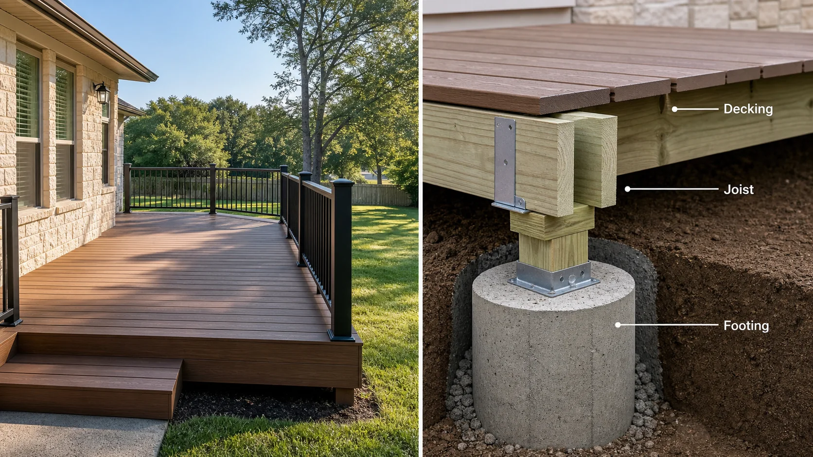 Educational diagram for deck contractor granbury tx showing Footing, Joist, Decking